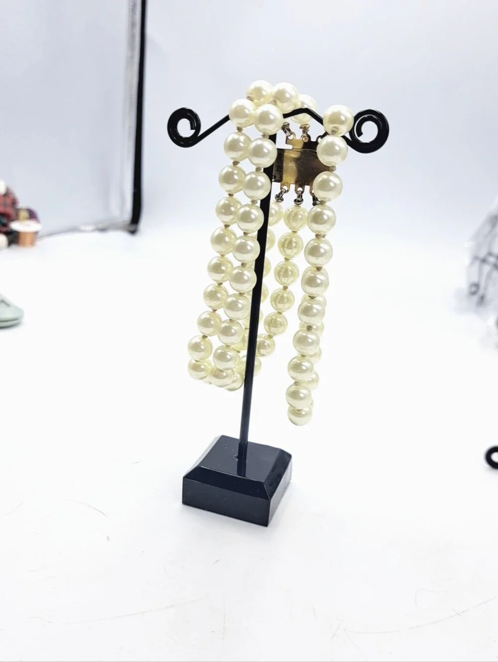 Faux Pearl Triple-Strand Bracelet with Rhinestone Box Clasp